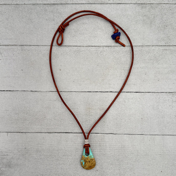 Kingman Turquoise and Rustic Brown Leather Necklace - SunlightSilver