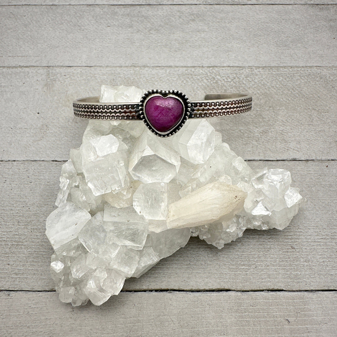 Pink Ruby Heart and Sterling Silver Cuff Bracelet - SunlightSilver