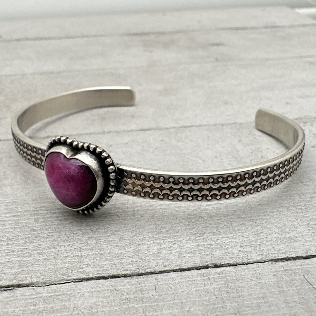 Pink Ruby Heart and Sterling Silver Cuff Bracelet - SunlightSilver