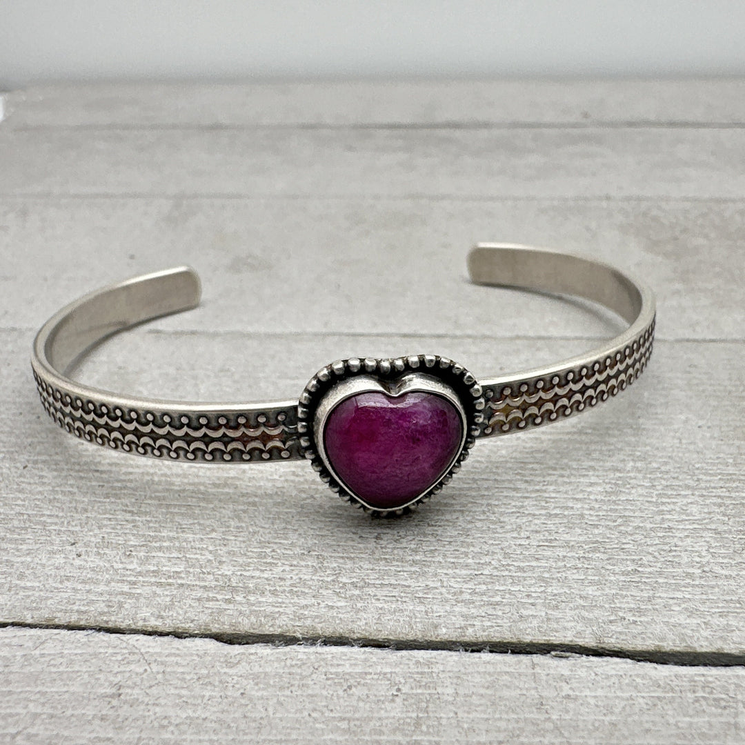 Pink Ruby Heart and Sterling Silver Cuff Bracelet - SunlightSilver