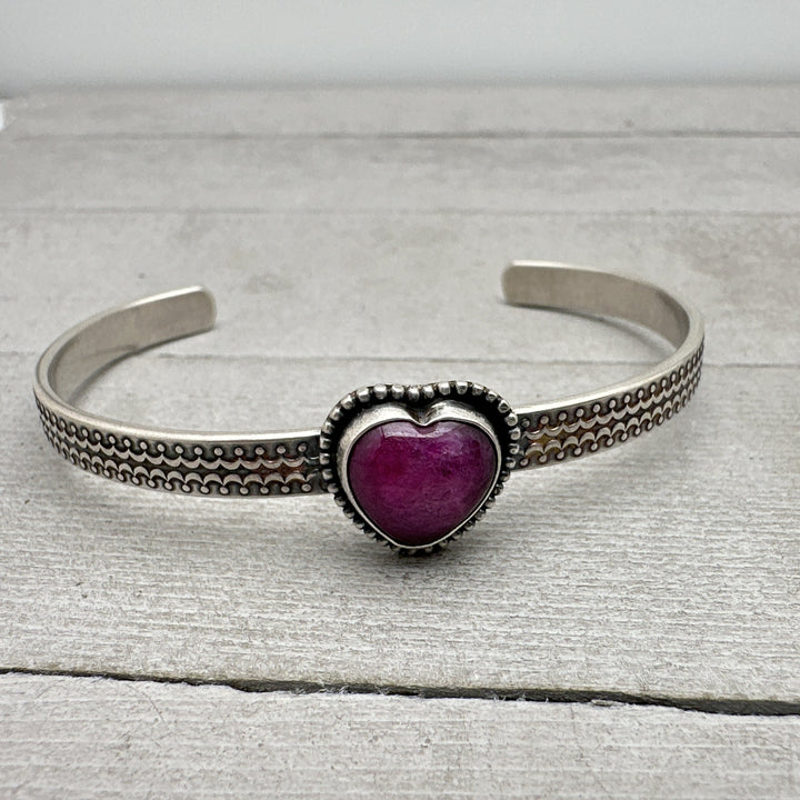 Pink Ruby Heart and Sterling Silver Cuff Bracelet - SunlightSilver