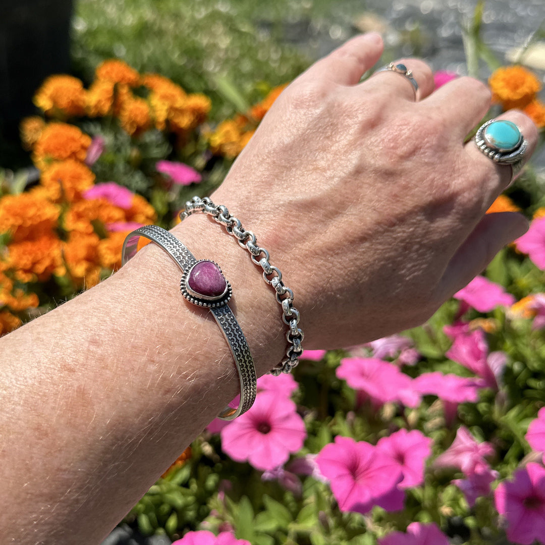 Pink Ruby Heart and Sterling Silver Cuff Bracelet - SunlightSilver