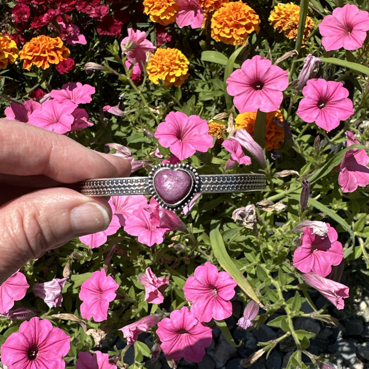 Pink Ruby Heart and Sterling Silver Cuff Bracelet - SunlightSilver