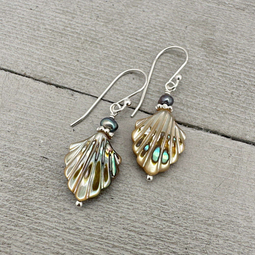 Paua Abalone Shell, Freshwater Pearl and Sterling Silver Earrings - SunlightSilver