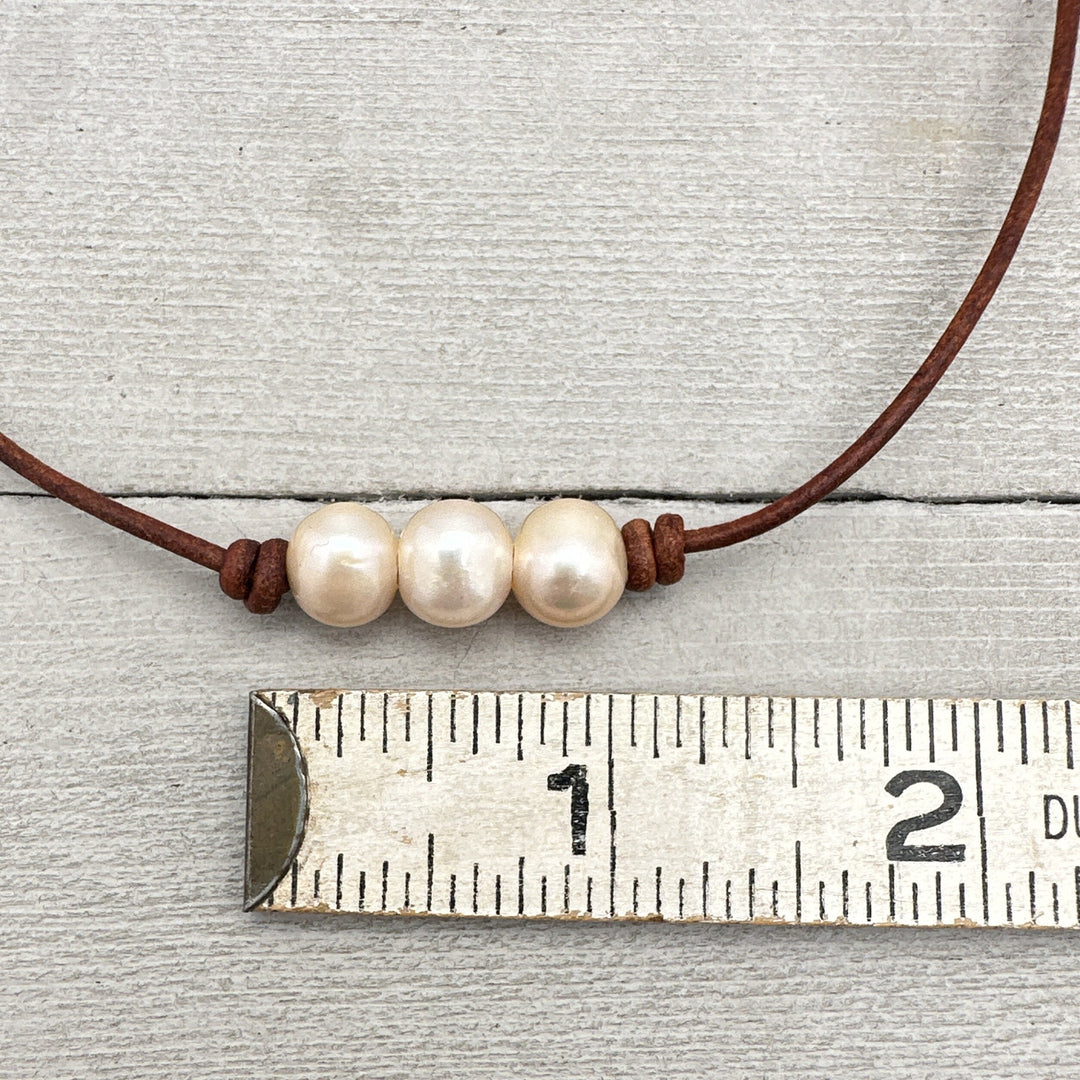 Peach Champagne Freshwater Pearl Leather Choker Necklace. Your Choice: Brown or Black Leather - SunlightSilver