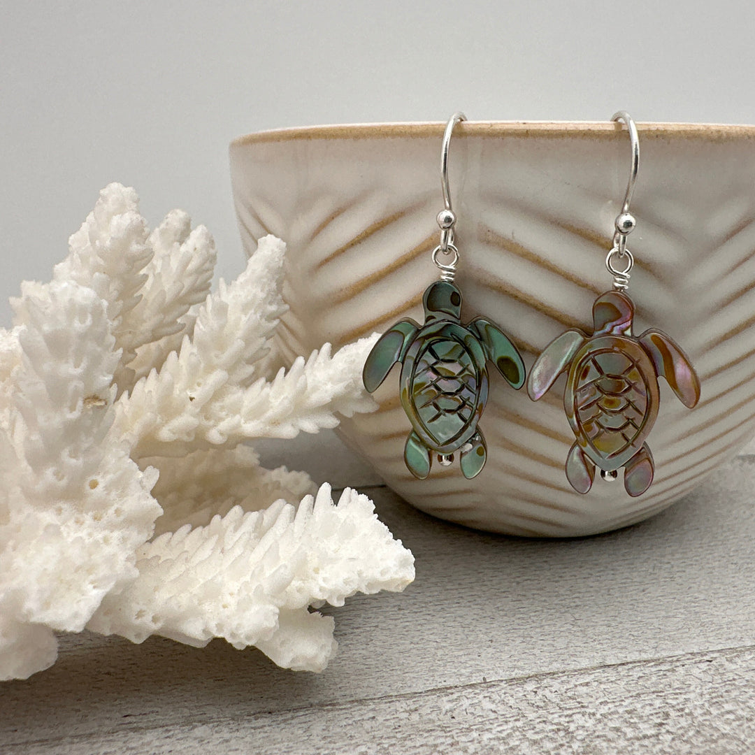 Paua Abalone Shell Sea Turtle and Sterling Silver Earrings. Mother of Pearl - SunlightSilver