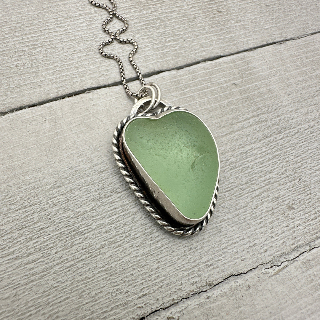 Green Sea Glass and Sterling Silver Pendant Whimsical Heart Necklace - SunlightSilver