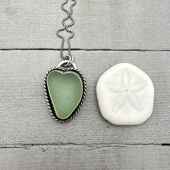 Green Sea Glass and Sterling Silver Pendant Whimsical Heart Necklace - SunlightSilver