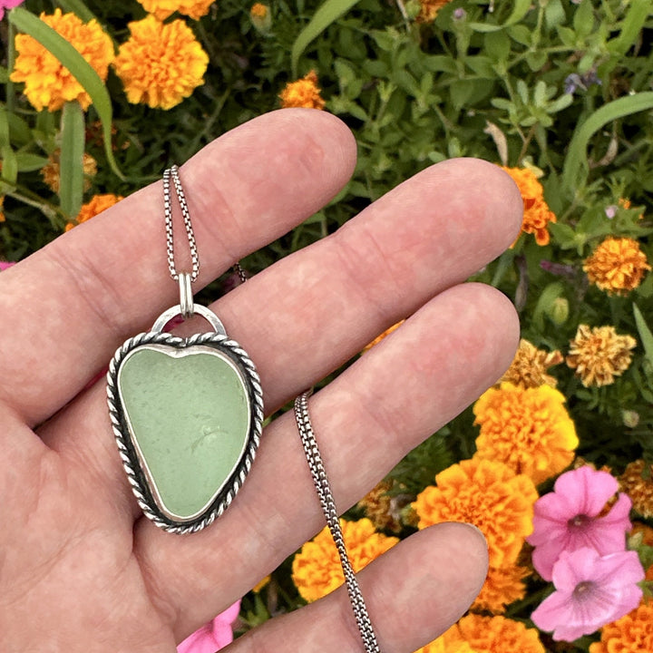 Green Sea Glass and Sterling Silver Pendant Whimsical Heart Necklace - SunlightSilver