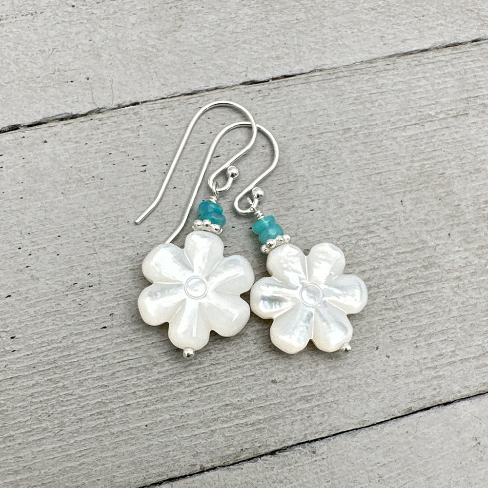 Mother of Pearl Shell Flower Earrings with Blue Ethiopian Opals and Solid 925 Sterling Silver - SunlightSilver