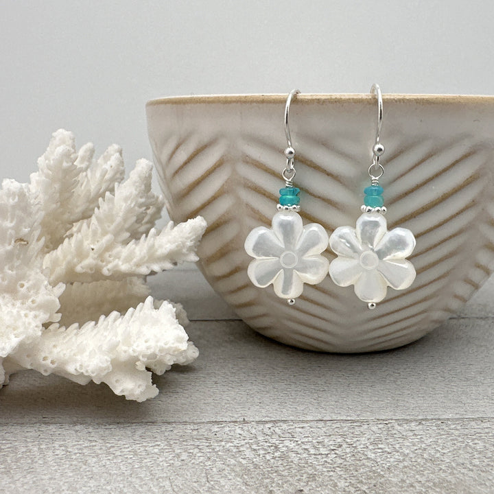 Mother of Pearl Shell Flower Earrings with Blue Ethiopian Opals and Solid 925 Sterling Silver - SunlightSilver