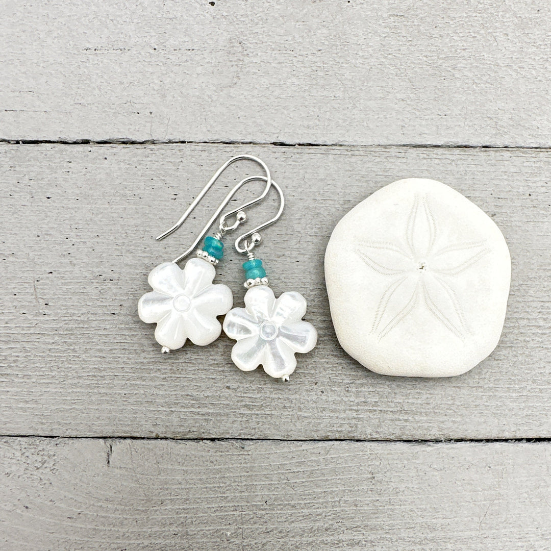 Mother of Pearl Shell Flower Earrings with Blue Ethiopian Opals and Solid 925 Sterling Silver - SunlightSilver