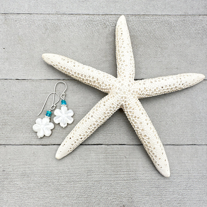 Mother of Pearl Shell Flower Earrings with Blue Ethiopian Opals and Solid 925 Sterling Silver - SunlightSilver