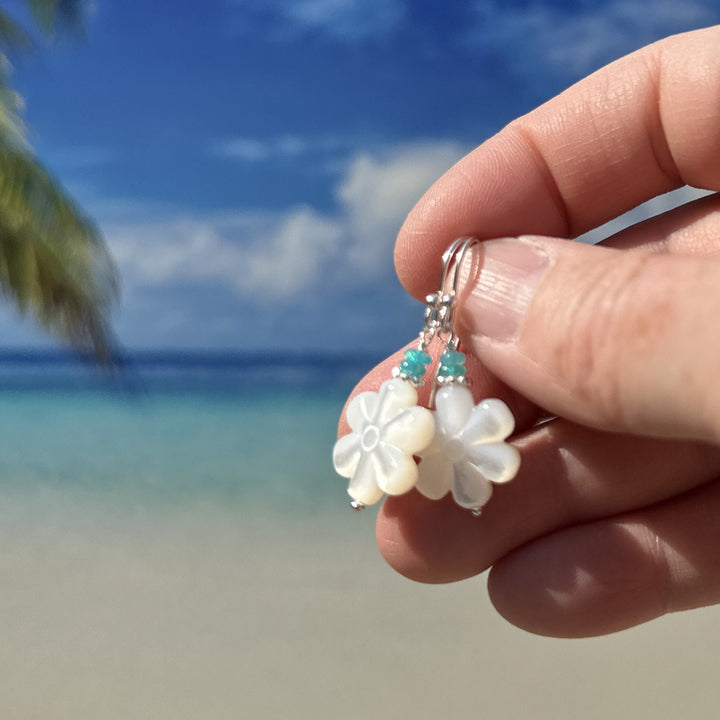 Mother of Pearl Shell Flower Earrings with Blue Ethiopian Opals and Solid 925 Sterling Silver - SunlightSilver