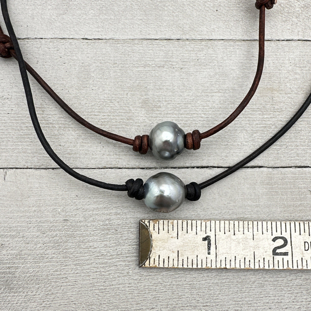 Tahitian Pearl and Adjustable Leather Necklace. Your Choice: Rustic Brown or Black Leather - SunlightSilver