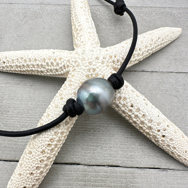 Tahitian Pearl and Adjustable Leather Necklace. Your Choice: Rustic Brown or Black Leather - SunlightSilver