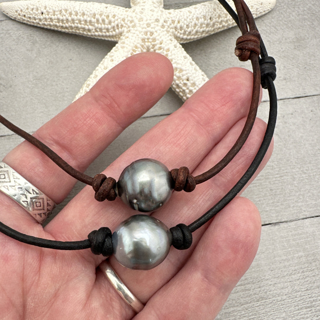 Tahitian Pearl and Adjustable Leather Necklace. Your Choice: Rustic Brown or Black Leather - SunlightSilver