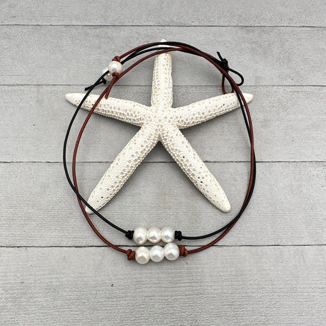 White Freshwater Pearl Leather Choker Necklace. Your Choice: Brown or Black Leather - SunlightSilver