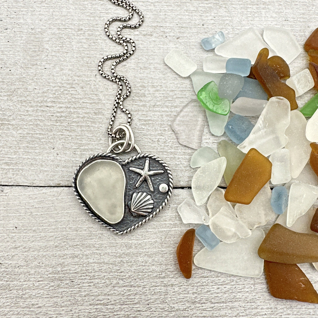 White Sea Glass and Sterling Silver Heart Ocean Pendant Necklace - SunlightSilver