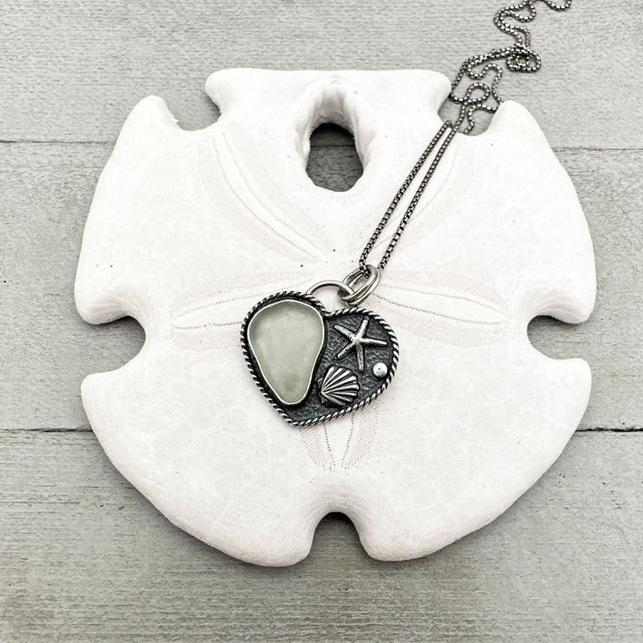 White Sea Glass and Sterling Silver Heart Ocean Pendant Necklace - SunlightSilver