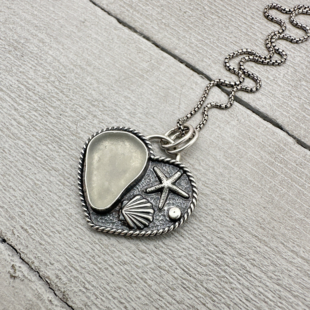 White Sea Glass and Sterling Silver Heart Ocean Pendant Necklace - SunlightSilver