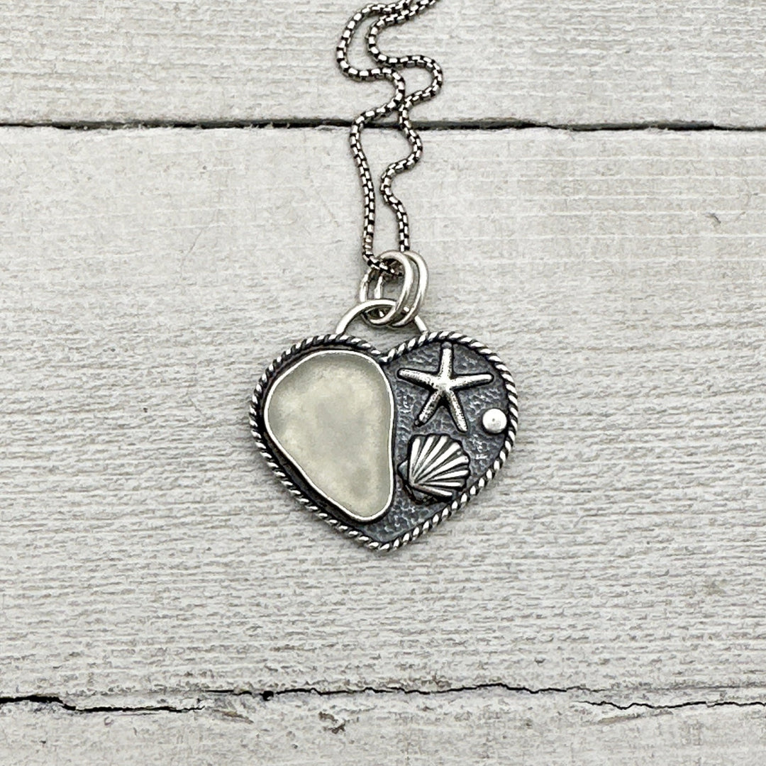 White Sea Glass and Sterling Silver Heart Ocean Pendant Necklace - SunlightSilver