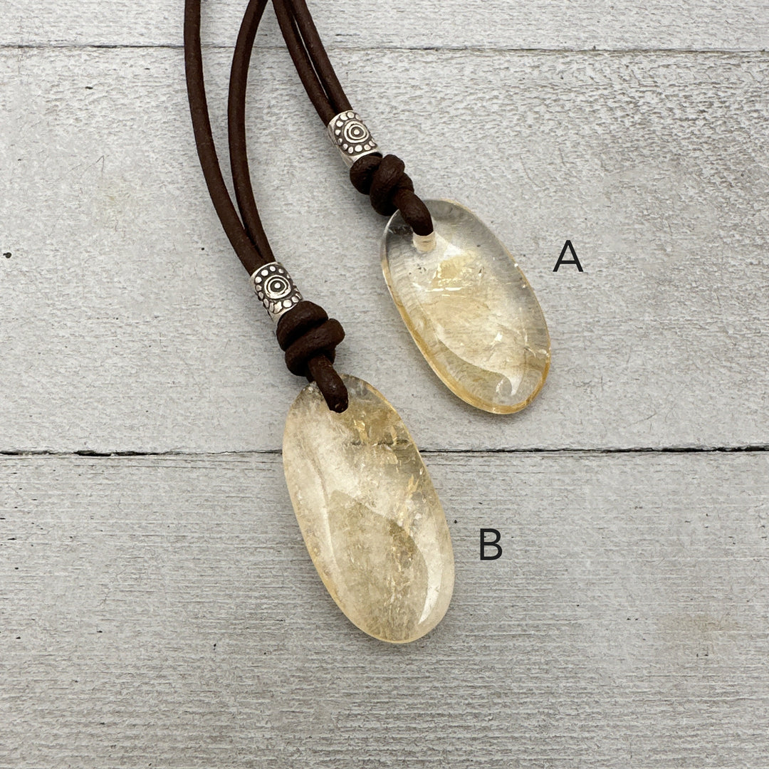 Citrine Pendant Leather Necklace. Healing Crystal. November Birthstone - SunlightSilver