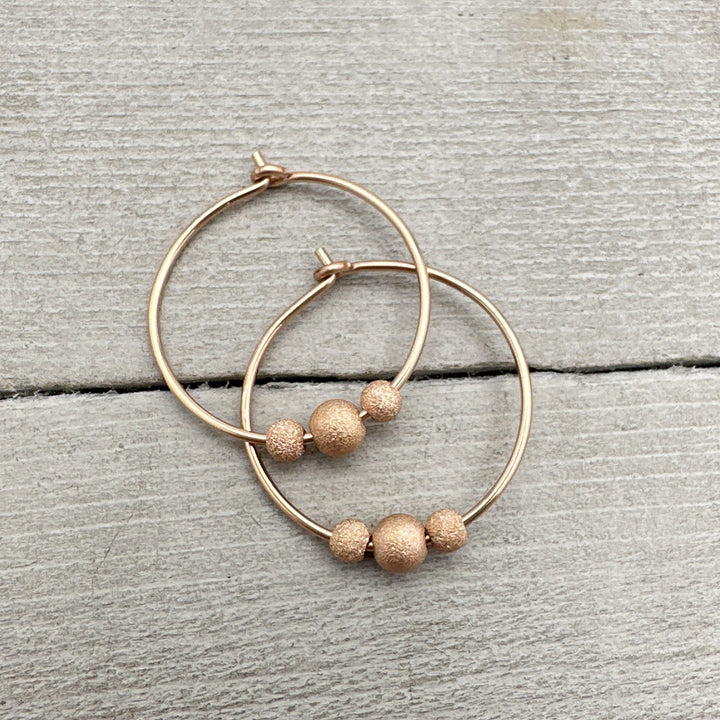 14k Rose Gold Fill Hoop Earrings with 3 Stardust Beads - 3/4 inch (20mm) in size - SunlightSilver