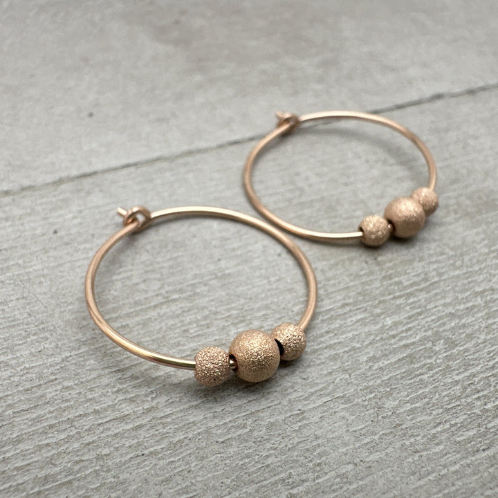 14k Rose Gold Fill Hoop Earrings with 3 Stardust Beads - 3/4 inch (20mm) in size - SunlightSilver