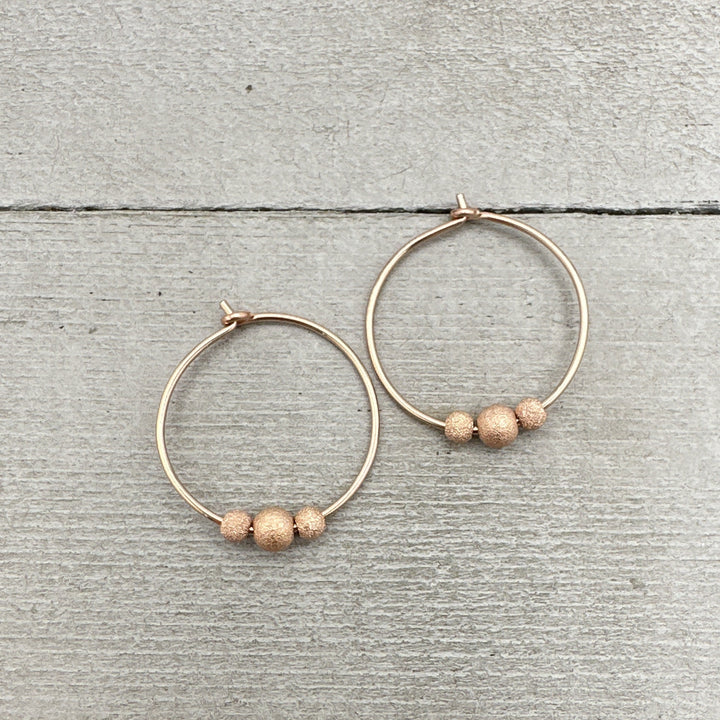 14k Rose Gold Fill Hoop Earrings with 3 Stardust Beads - 3/4 inch (20mm) in size - SunlightSilver