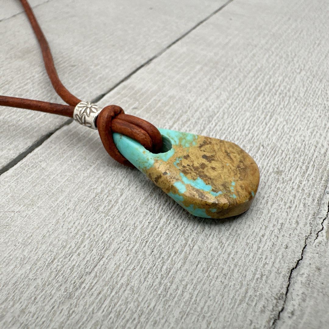 Kingman Turquoise and Rustic Brown Leather Necklace - SunlightSilver