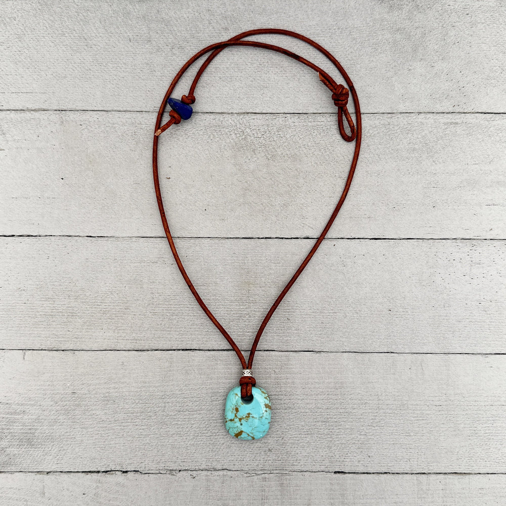 Kingman Turquoise and Rustic Brown Leather Necklace - SunlightSilver