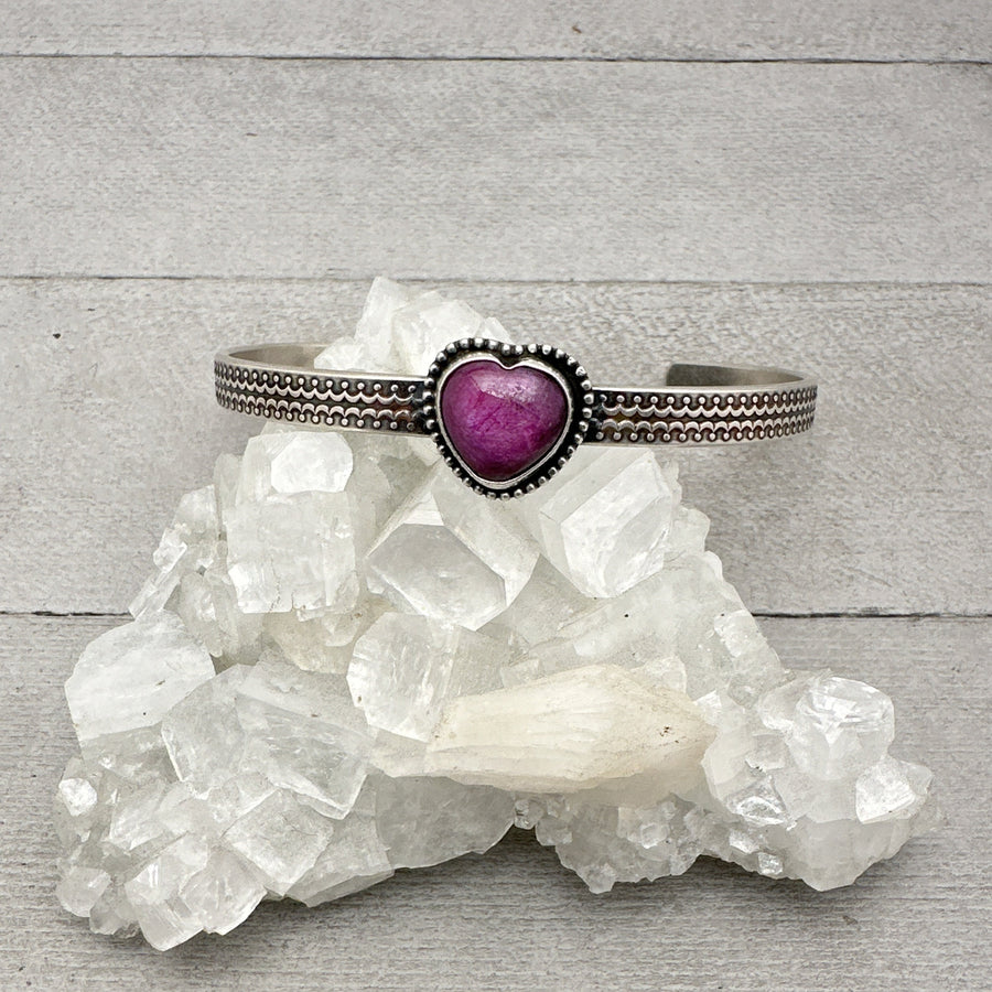 Pink Ruby Heart and Sterling Silver Cuff Bracelet - SunlightSilver