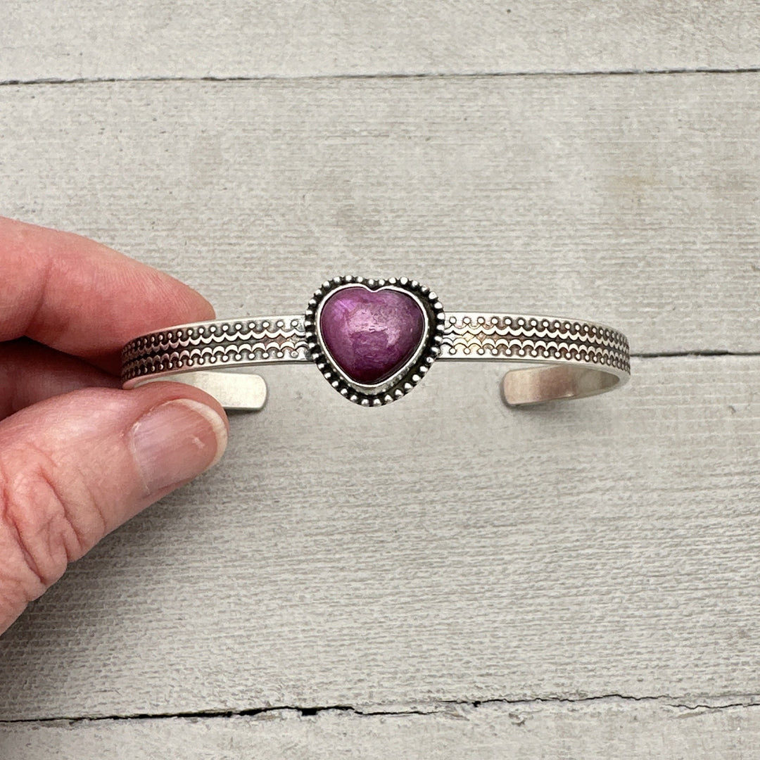 Pink Ruby Heart and Sterling Silver Cuff Bracelet - SunlightSilver