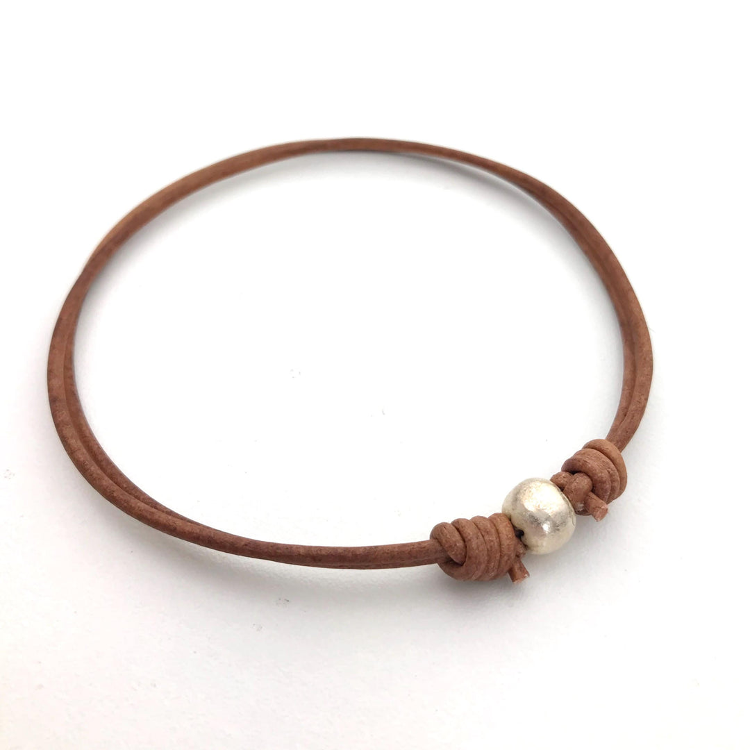 African Coin Silver Bead and Leather Anklet or Bracelet - Adjustable Size - Rustic Brown or Black Leather - SunlightSilver
