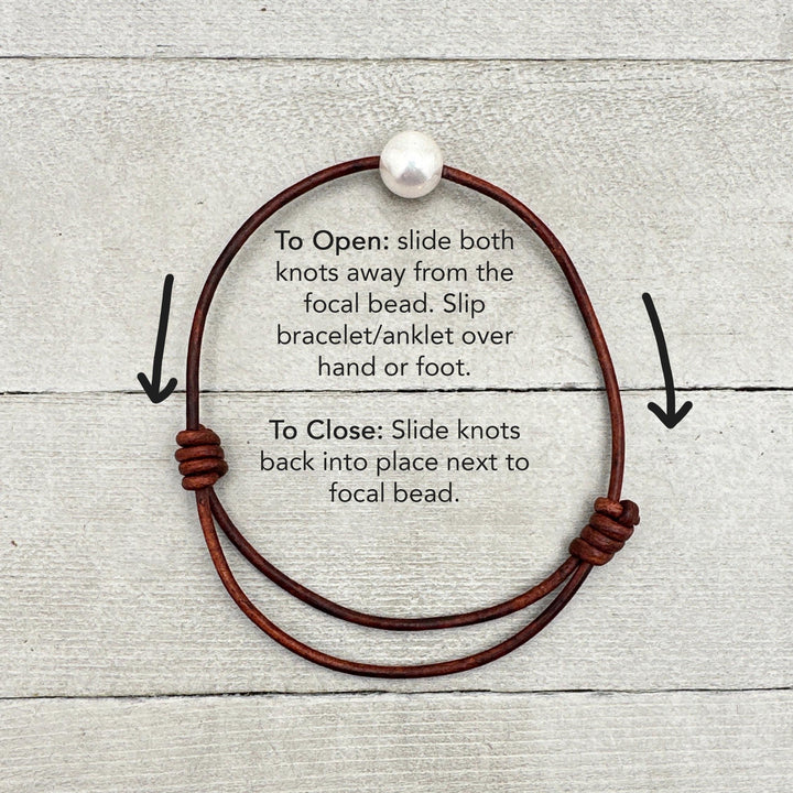 White Pearl and Rustic Brown Leather Anklet / Bracelet - SunlightSilver