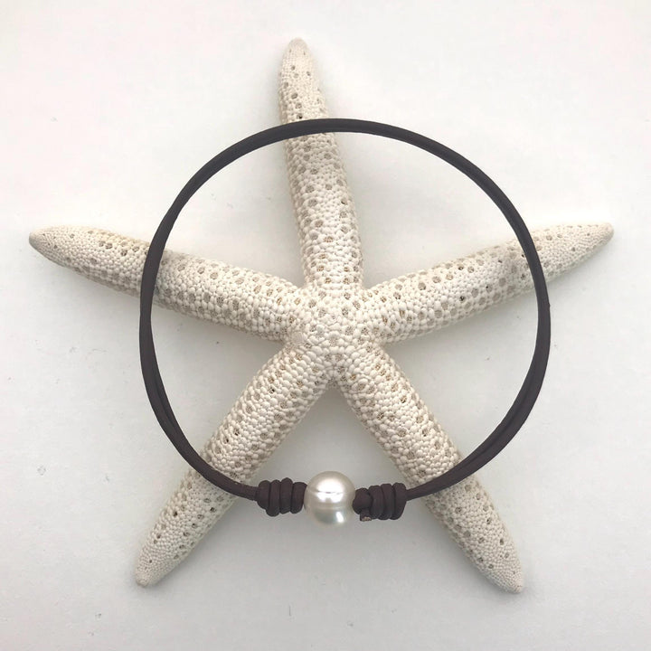 White Pearl and Rustic Brown Leather Anklet / Bracelet - SunlightSilver