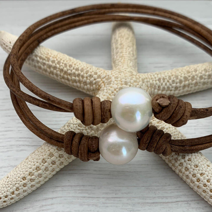 White Freshwater Pearl and Rustic Brown Leather Anklet / Bracelet - SunlightSilver