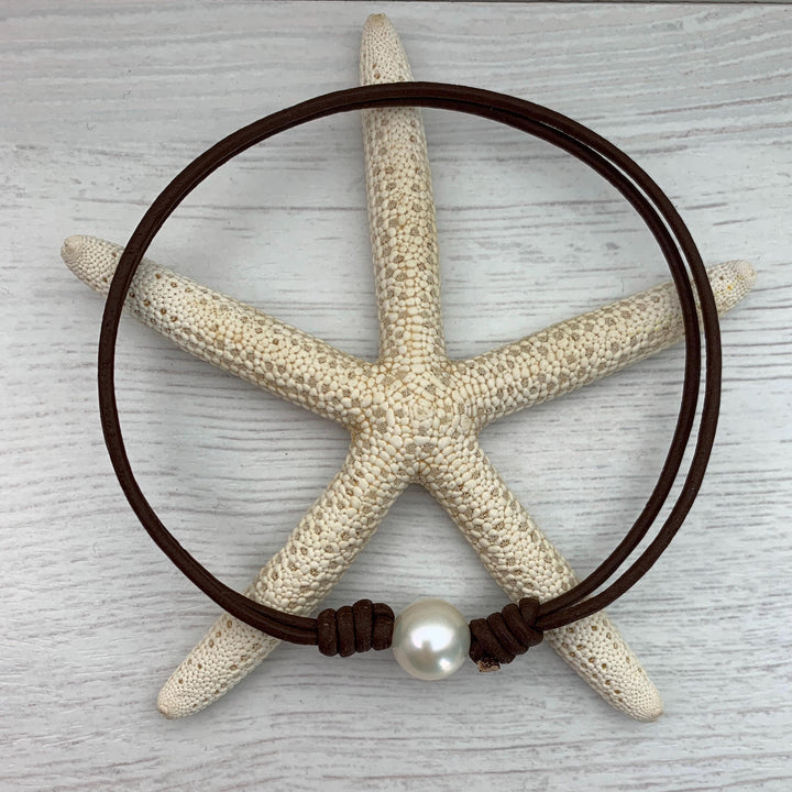 White Freshwater Pearl and Rustic Brown Leather Anklet / Bracelet - SunlightSilver