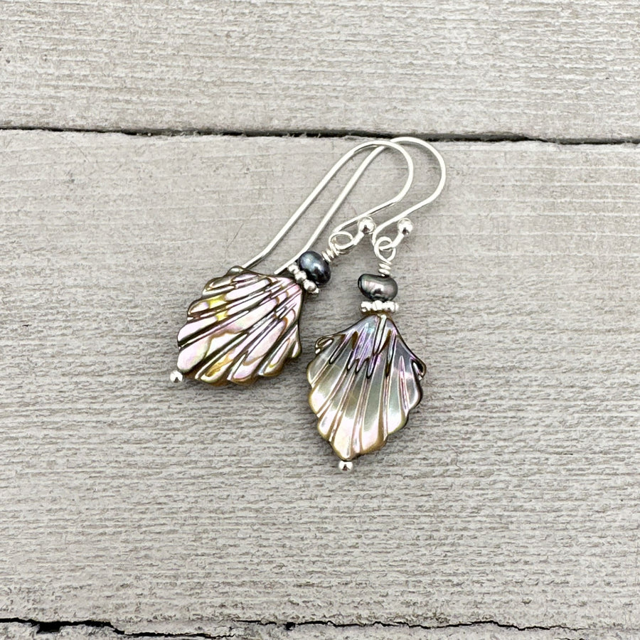 Paua Abalone Shell, Freshwater Pearl and Sterling Silver Earrings - SunlightSilver
