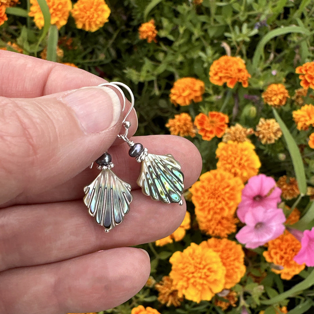 Paua Abalone Shell, Freshwater Pearl and Sterling Silver Earrings - SunlightSilver