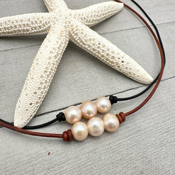 Peach Champagne Freshwater Pearl Leather Choker Necklace. Your Choice: Brown or Black Leather - SunlightSilver