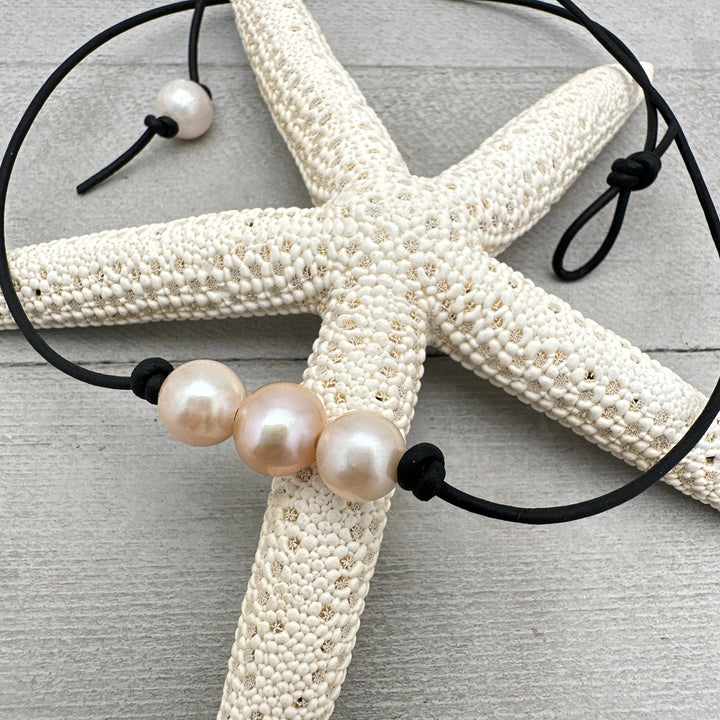 Peach Champagne Freshwater Pearl Leather Choker Necklace. Your Choice: Brown or Black Leather - SunlightSilver