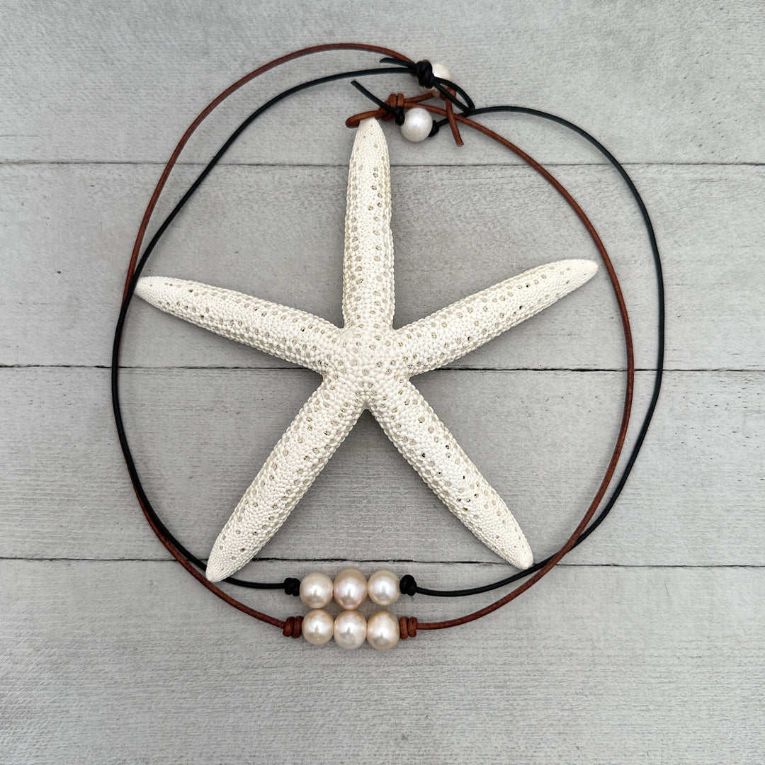 Peach Champagne Freshwater Pearl Leather Choker Necklace - SunlightSilver