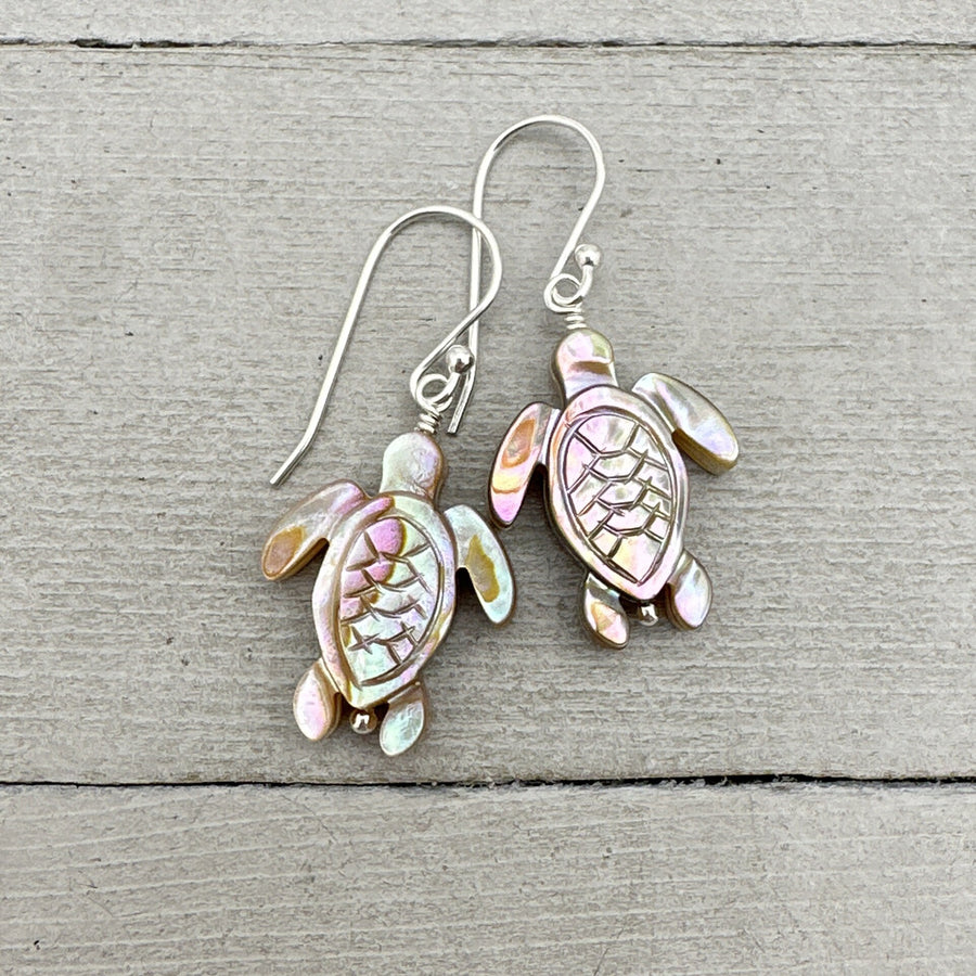 Paua Abalone Shell Sea Turtle and Sterling Silver Earrings. Mother of Pearl - SunlightSilver