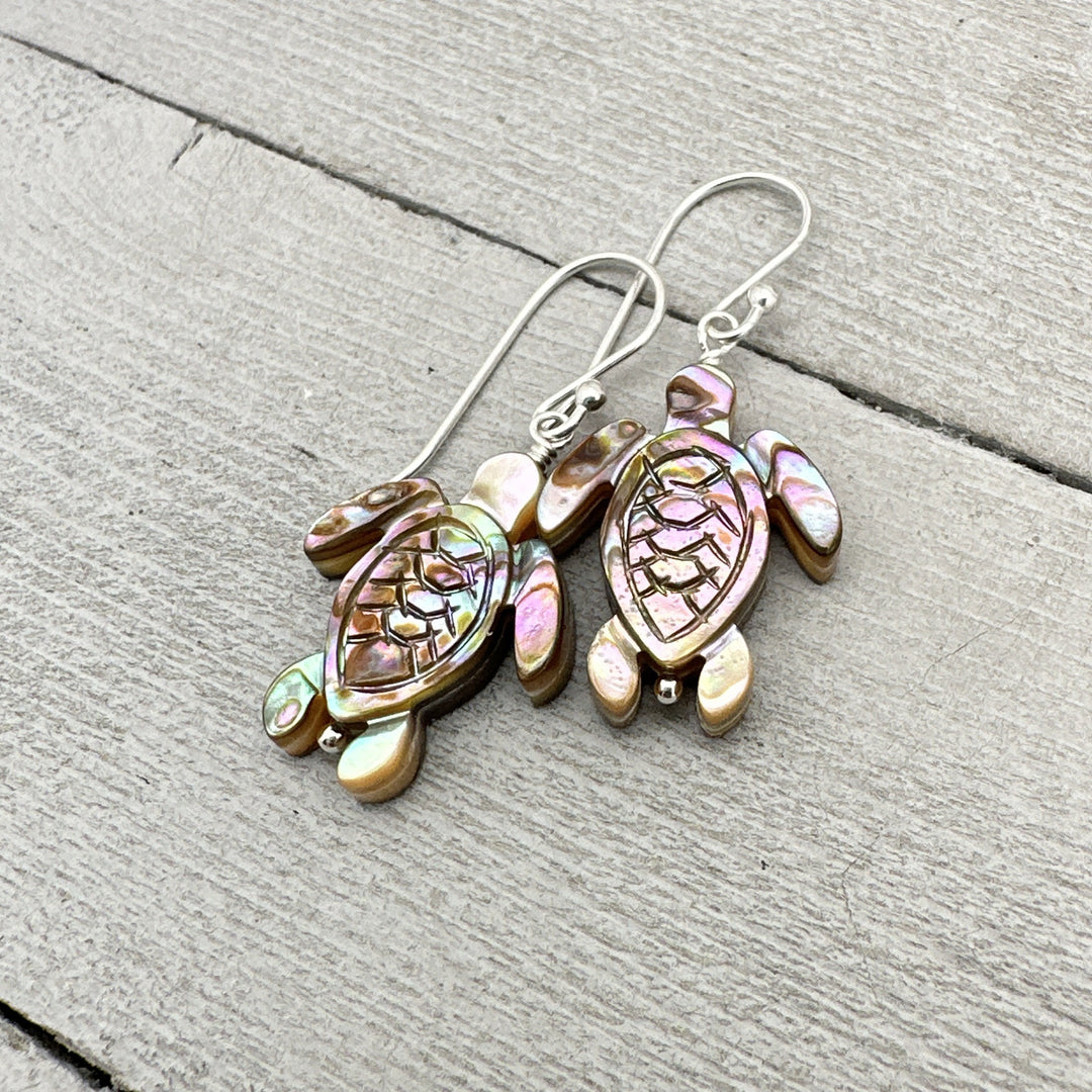 Paua Abalone Shell Sea Turtle and Sterling Silver Earrings - SunlightSilver