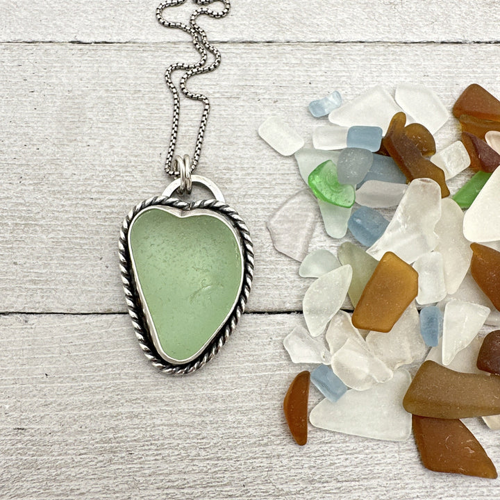 Green Sea Glass and Sterling Silver Pendant Whimsical Heart Necklace - SunlightSilver