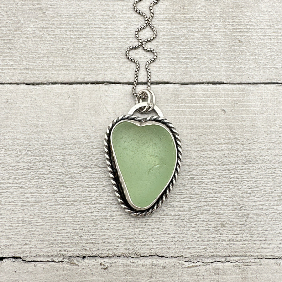 Green Sea Glass and Sterling Silver Pendant Whimsical Heart Necklace - SunlightSilver