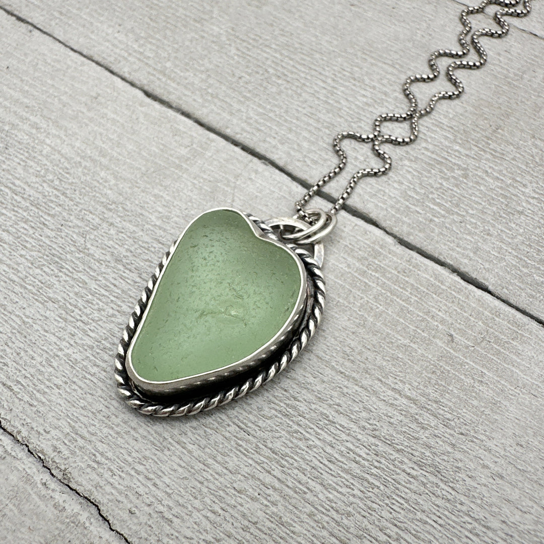 Green Sea Glass and Sterling Silver Pendant Whimsical Heart Necklace - SunlightSilver