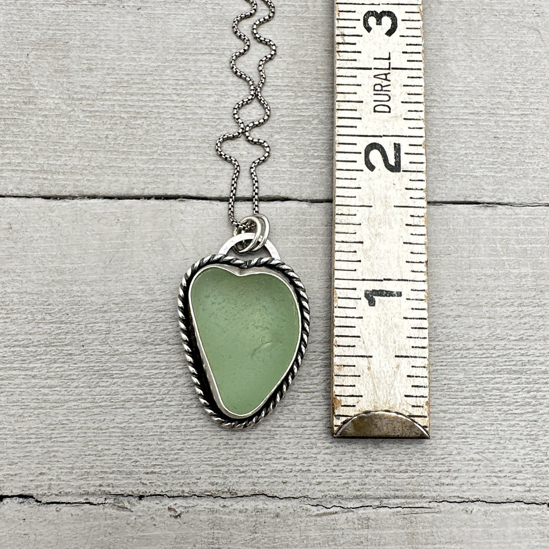 Green Sea Glass and Sterling Silver Pendant Whimsical Heart Necklace - SunlightSilver